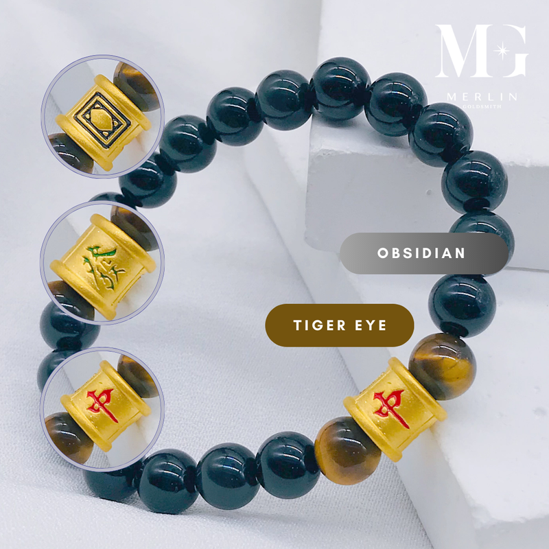 999 24k Pure Gold Win Win Bracelet (Mahjong Charm Paired With 8mm Obsidian Beads)