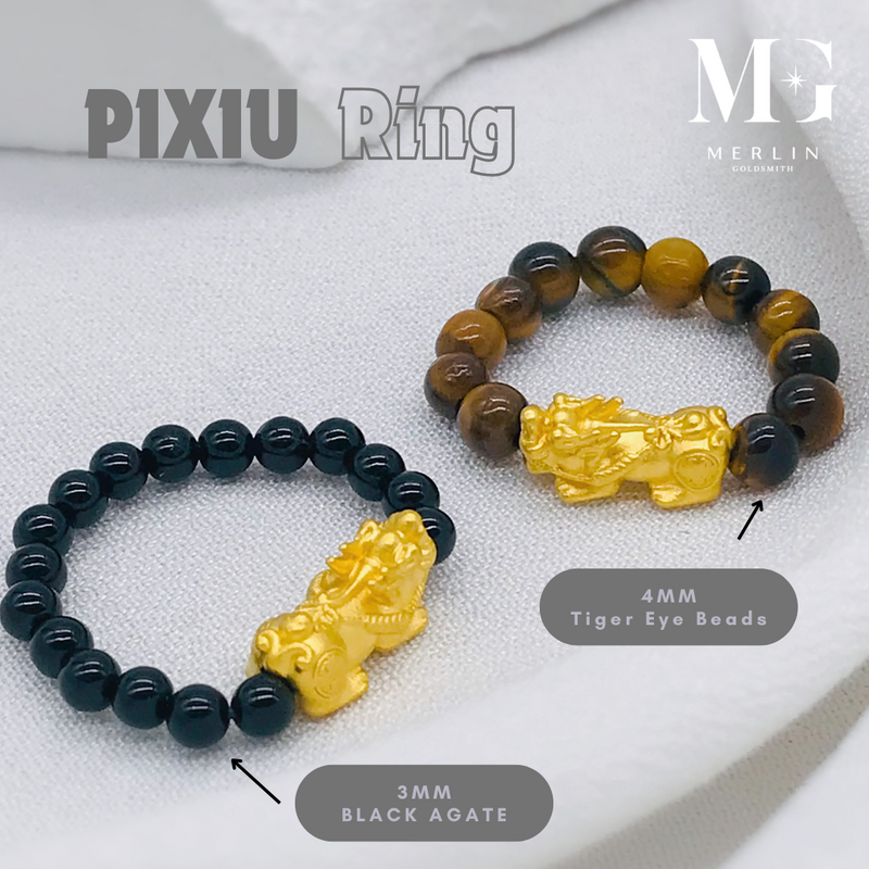 999 24k Pure Gold 1.2cm Lucky Pixiu Paired With 4mm Tiger Eye Beads or 3mm Black Agate Beads Ring