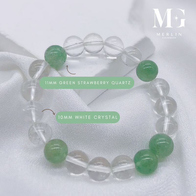 Green Strawberry Quartz x White Crystal Beads Bracelet