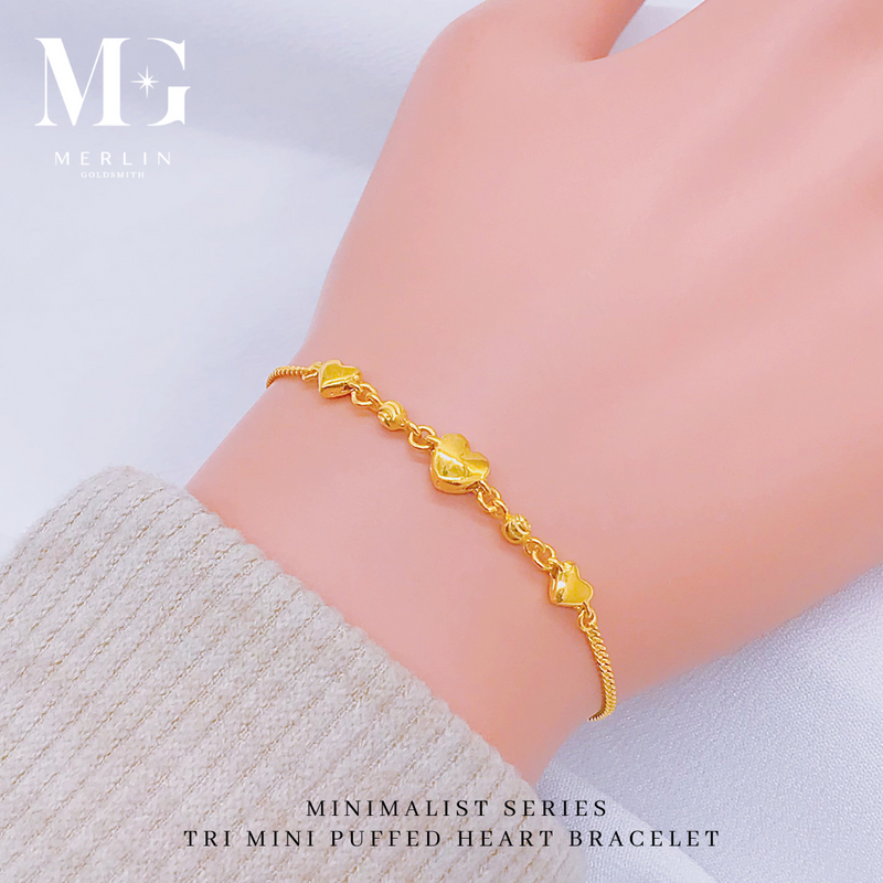 916 Gold Minimalist Series - Tri Mini Puffed Heart Bracelet