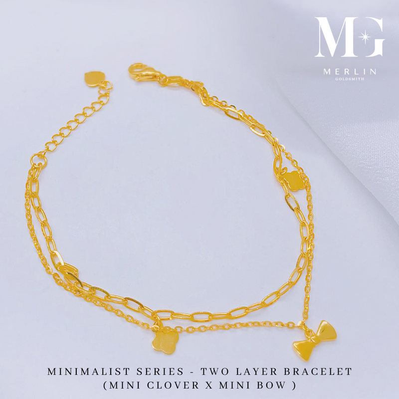 916 Gold Minimalist Series - Two Layer Bracelet (Mini Clover x Mini Bow)