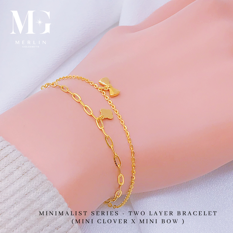 916 Gold Minimalist Series - Two Layer Bracelet (Mini Clover x Mini Bow)