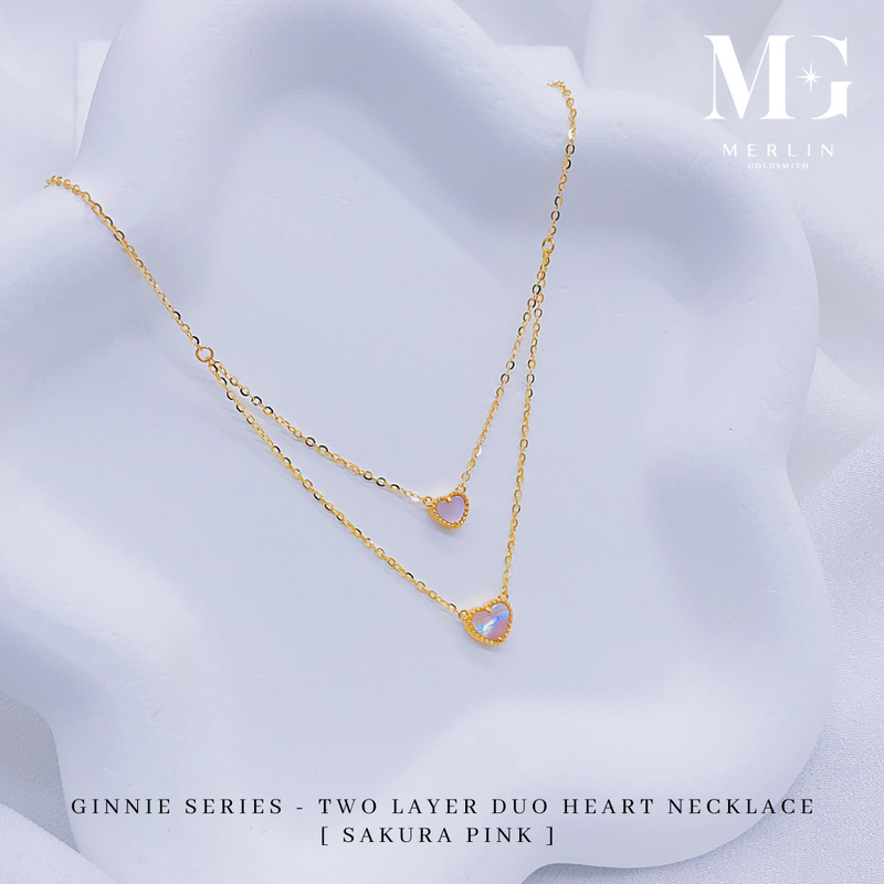 916 Gold Ginnie Series - Two Layer Duo Heart Necklace (Sakura Pink)