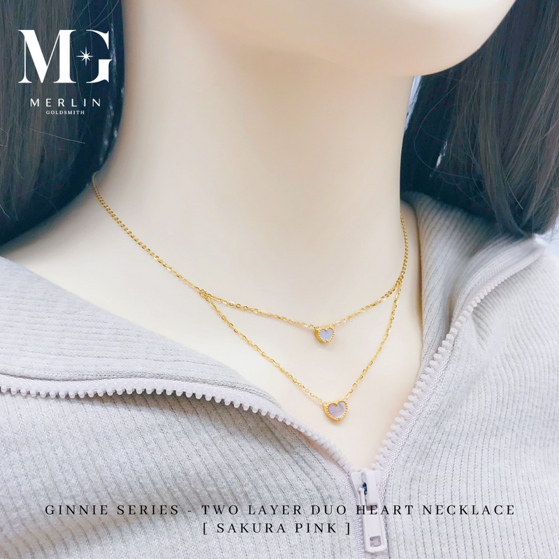 916 Gold Ginnie Series - Two Layer Duo Heart Necklace (Sakura Pink)