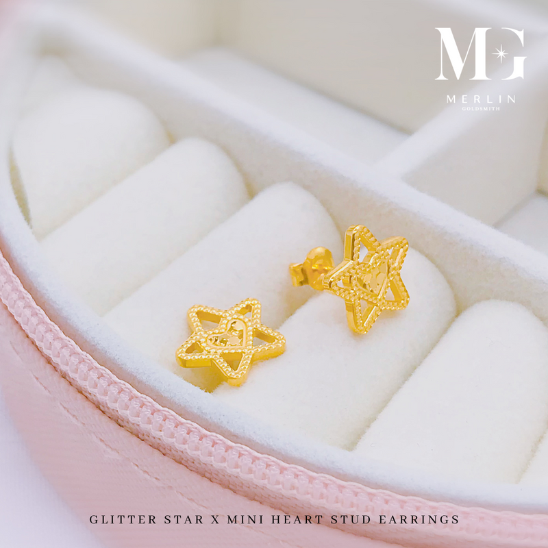 916 Gold Glitter Star x Mini Heart Stud Earrings