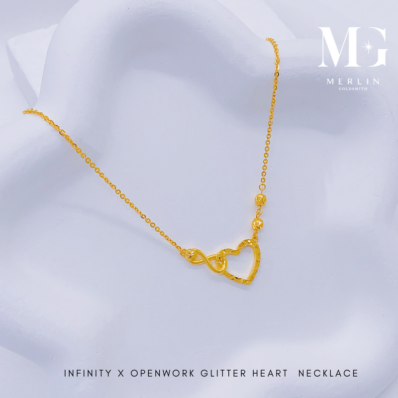 916 Gold Infinity x Openwork Glitter Heart Necklace