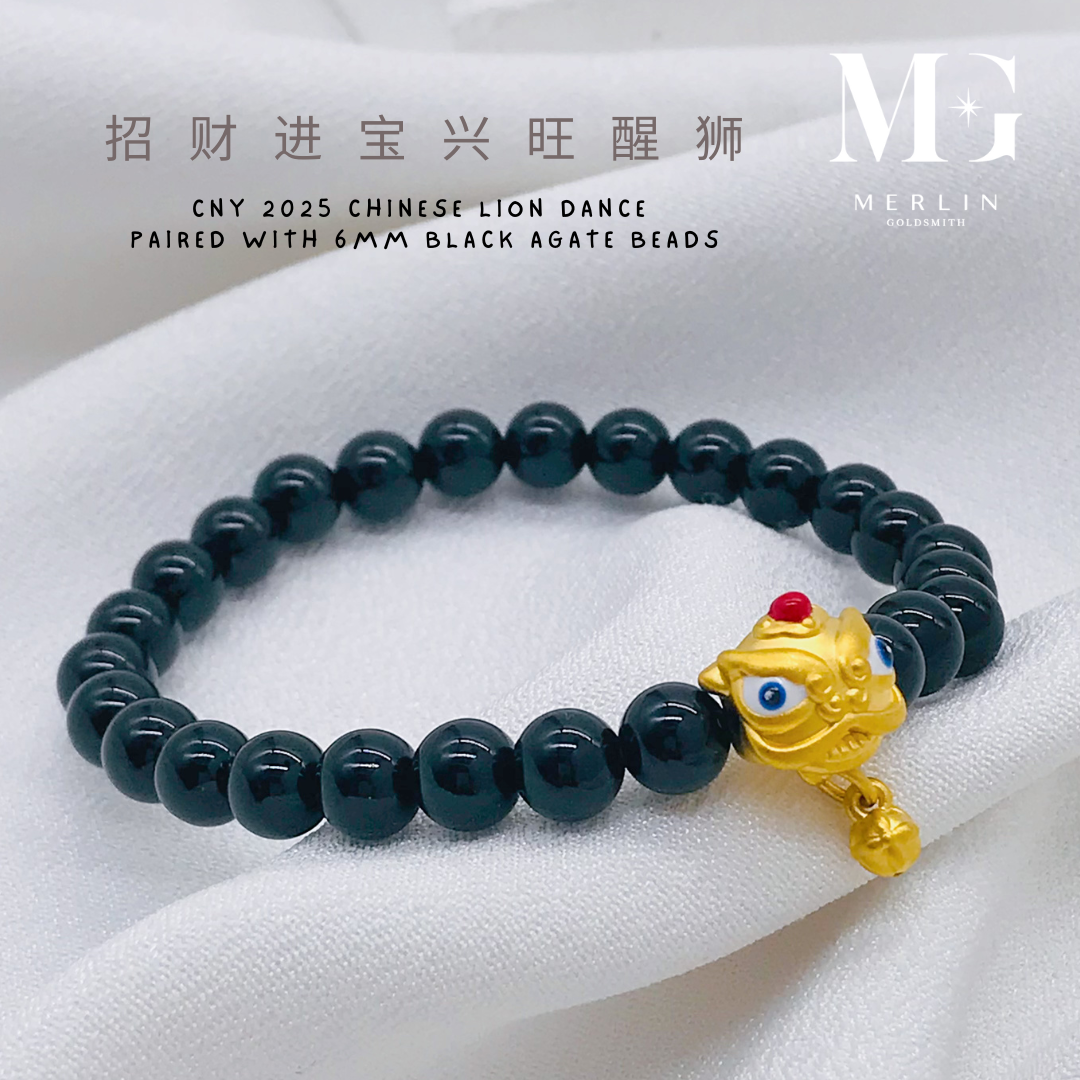 999 24k Pure Gold CNY 2025 Series - Chinese Lion Dance Paired With 6mm  Black Agate Beads Bracelet