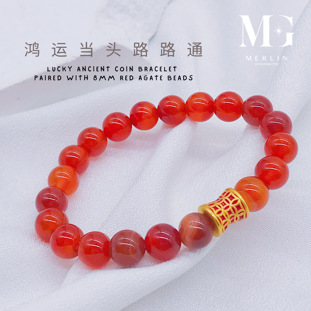999 24k Pure Gold CNY 2025 Series - Lucky Ancient Coin Paired With 8mm Red  Agate Beads Bracelet
