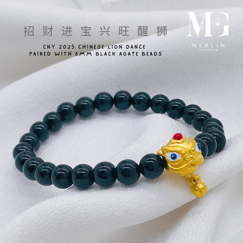 999 24k Pure Gold CNY 2025 Series - Chinese Lion Dance Paired With 6mm Black Agate Beads Bracelet