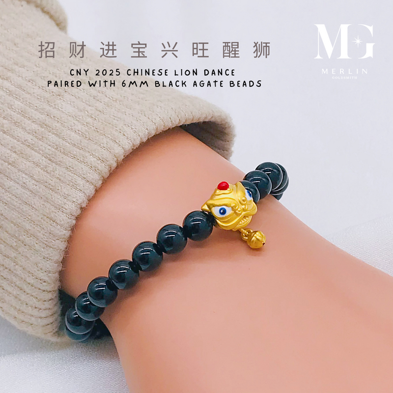 999 24k Pure Gold CNY 2025 Series - Chinese Lion Dance Paired With 6mm Black Agate Beads Bracelet