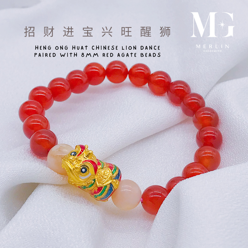 999 24k Pure Gold CNY 2025 Series - Heng Ong Huat Chinese Lion Dance Paired With 8mm Red Agate Beads Bracelet