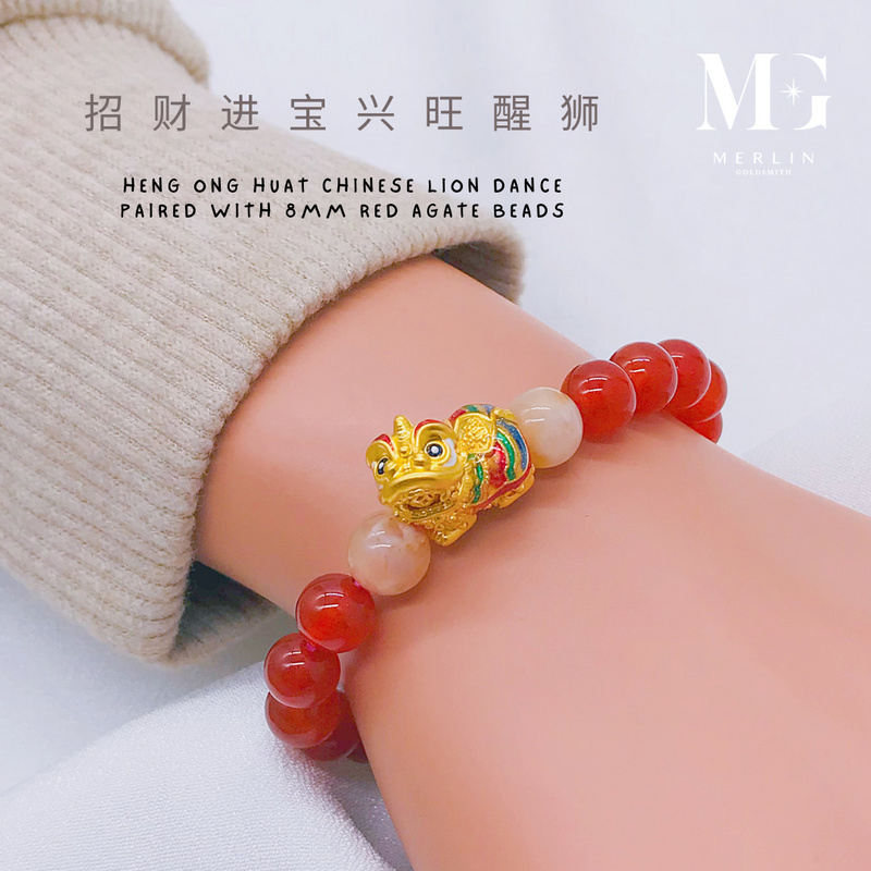 999 24k Pure Gold CNY 2025 Series - Heng Ong Huat Chinese Lion Dance Paired With 8mm Red Agate Beads Bracelet