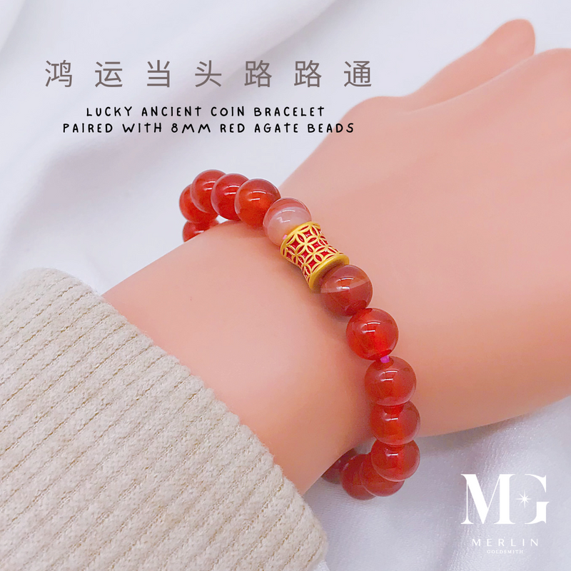 999 24k Pure Gold CNY 2025 Series - Lucky Ancient Coin Paired With 8mm Red Agate Beads Bracelet