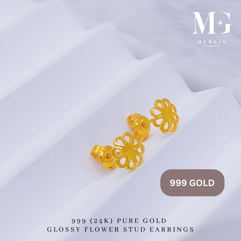 999 Gold Glossy Flower Stud Earrings