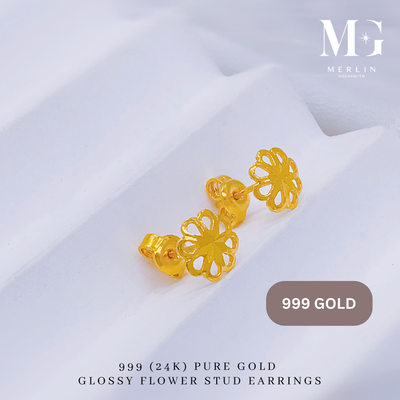 999 Gold Glossy Flower Stud Earrings