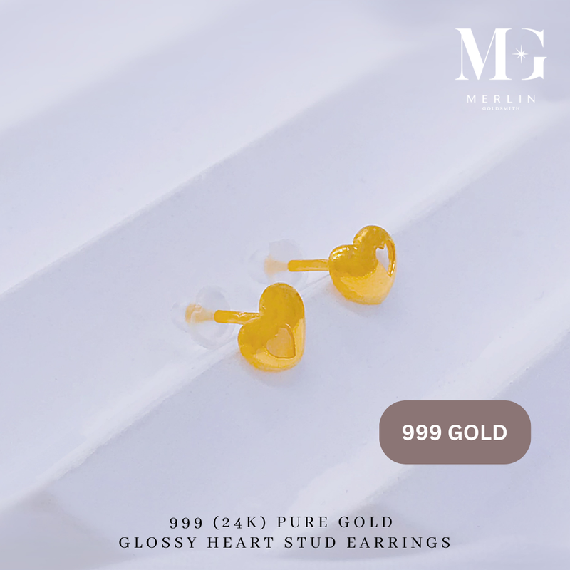 999 Gold Glossy Heart Stud Earrings