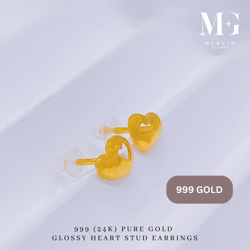 999 Gold Glossy Heart Stud Earrings