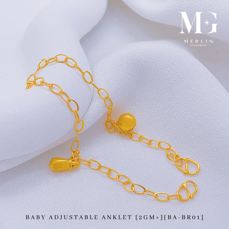 916 Gold Baby Adjustable Anklet with Dangling Milk Bottle / Bell (2GM+) [BA-BR01]