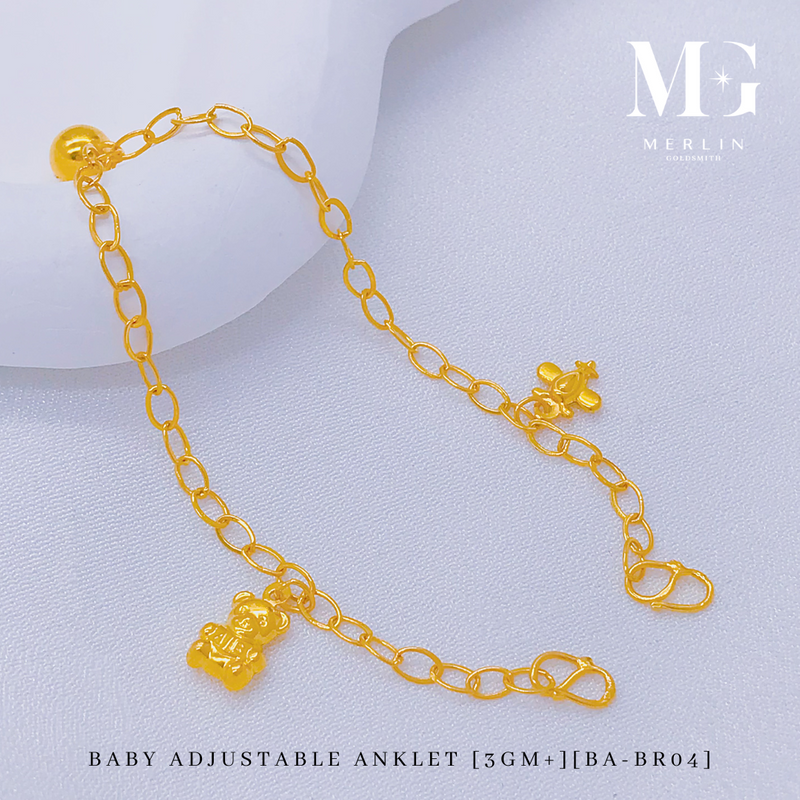 916 Gold Baby Adjustable Anklet with Dangling Teddy Bear / Bell / Airplane (3GM+) [BA-BR04]