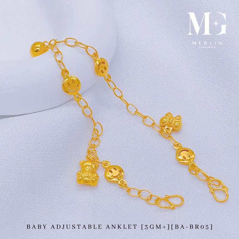 916 Gold Baby Adjustable Anklet with Dangling Teddy Bear / Bell / Butterfly / Smiling Face (3GM+) [BA-BR05]