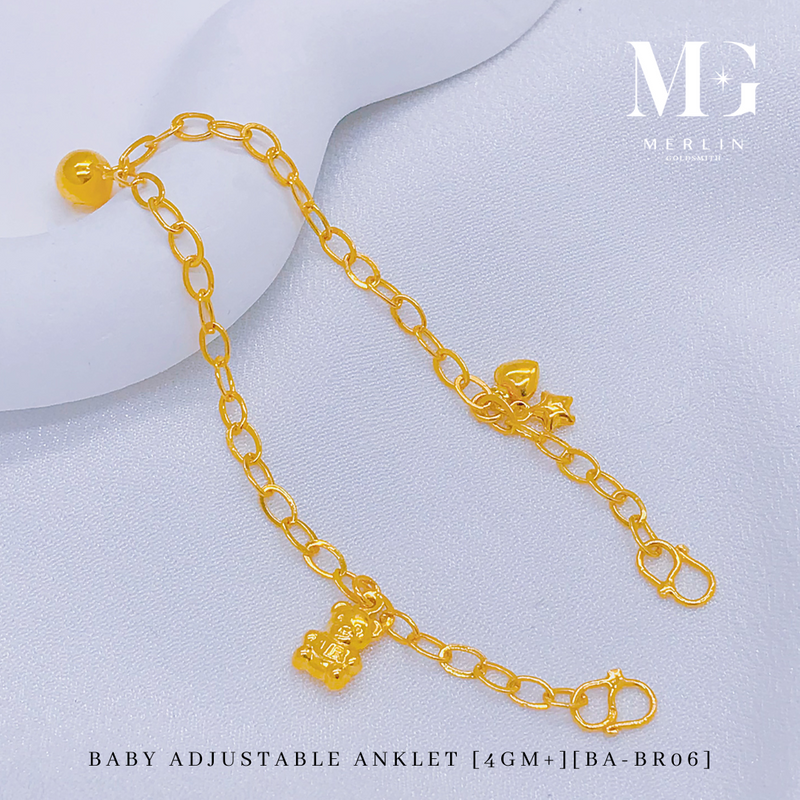 916 Gold Baby Adjustable Anklet with Dangling Teddy Bear / Bell / Star / Mini Heart (4GM+) [BA-BR06]