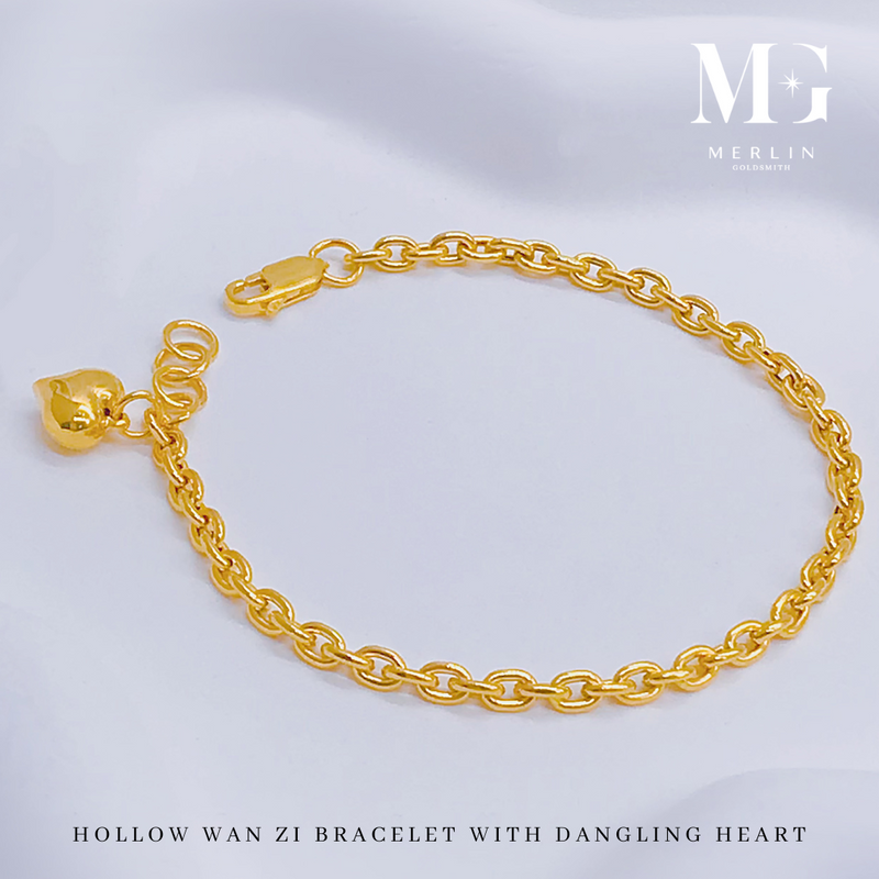 916 Gold Hollow Wan Zi Bracelet With Dangling Heart