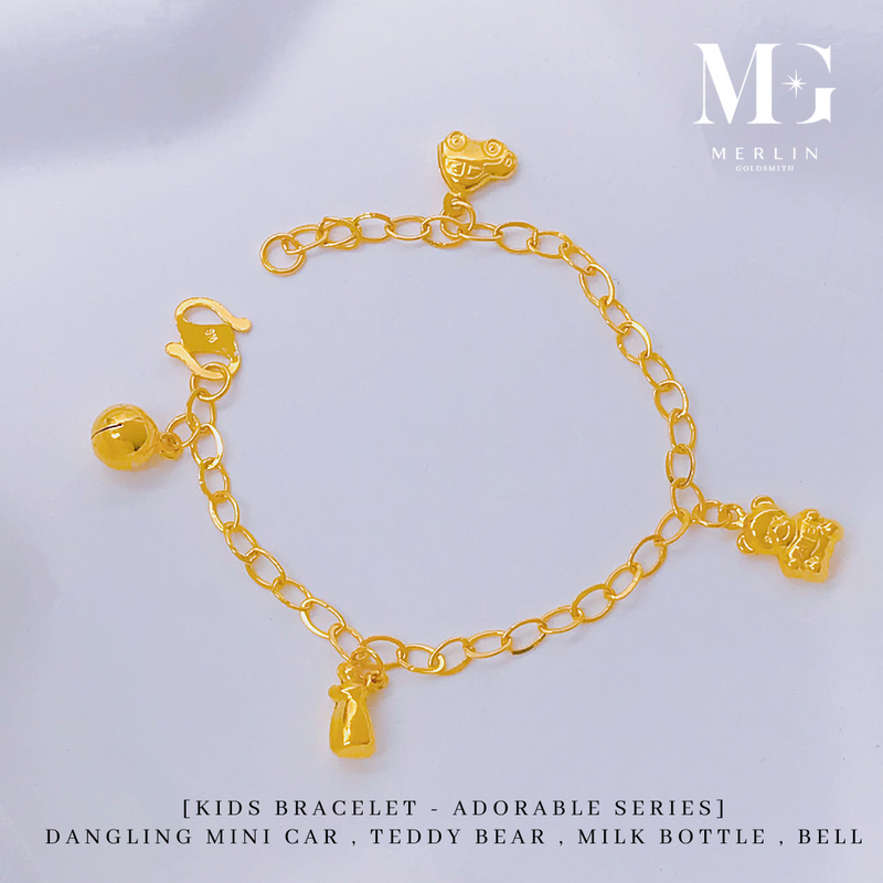 916 Gold Adorable Series Baby / Kids Bracelet - Dangling Mini Car, Teddy Bear, Milk Bottle, Bell
