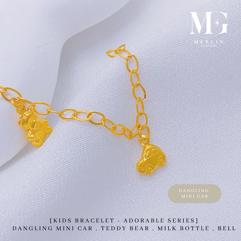 916 Gold Adorable Series Baby / Kids Bracelet - Dangling Mini Car, Teddy Bear, Milk Bottle, Bell