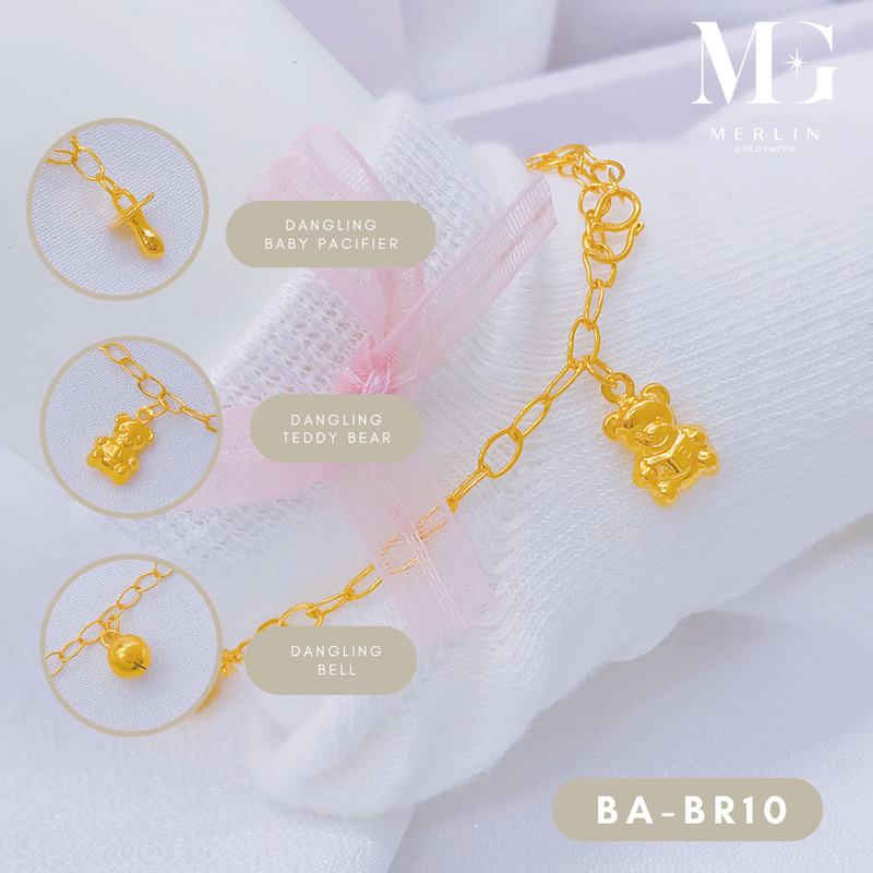916 Gold Baby Adjustable Anklet - Teddy Bear, Baby Pacifier, Bell (2GM+) [BA-BR10]