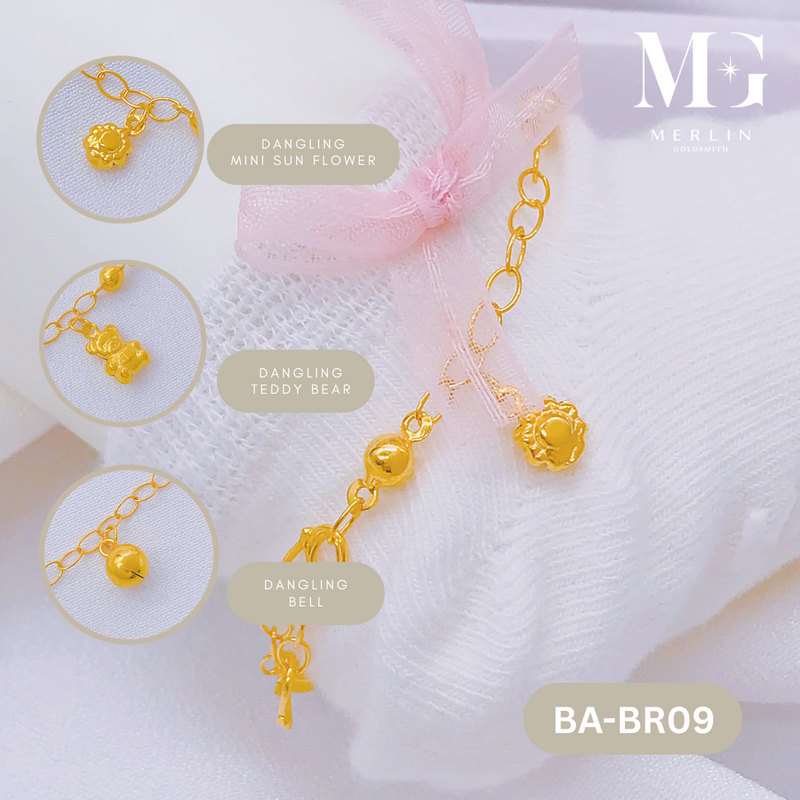 916 Gold Baby Adjustable Anklet - Teddy Bear, Mini Sunflower, Bell (3GM+) [BA-BR09]