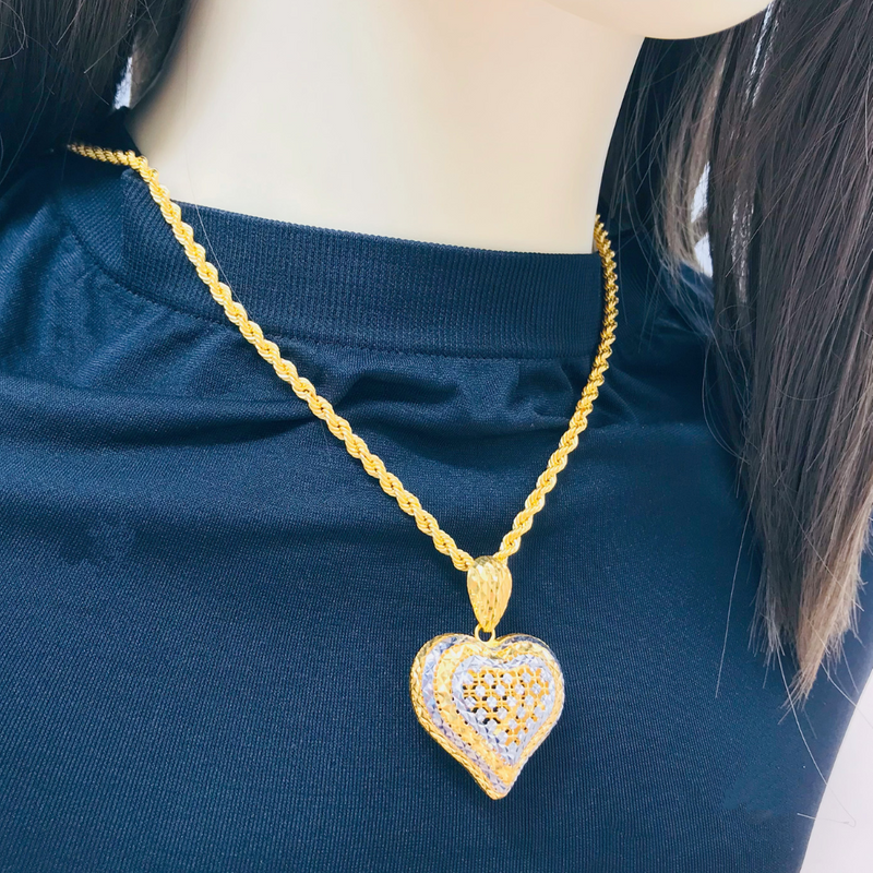 916 Gold Hollow Glittering Puffed Heart Pendant (Gold / Rhodium)