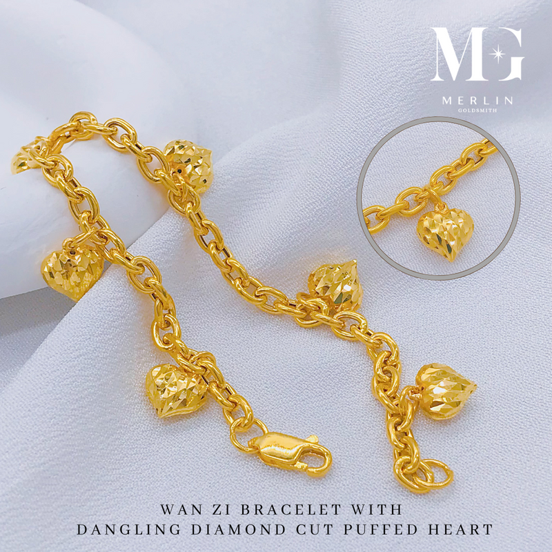 916 Gold Wan Zi Bracelet With Dangling Diamond Cut Puffed Heart