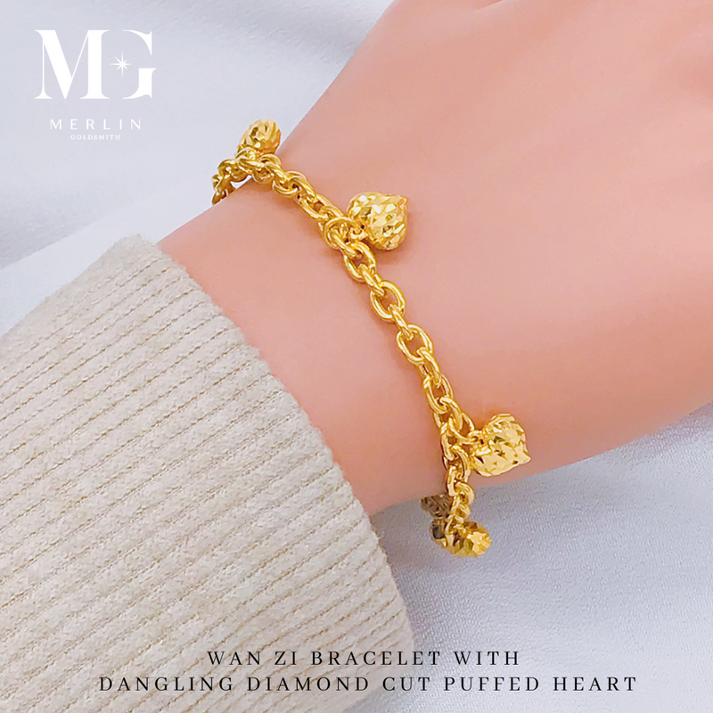 916 Gold Wan Zi Bracelet With Dangling Diamond Cut Puffed Heart