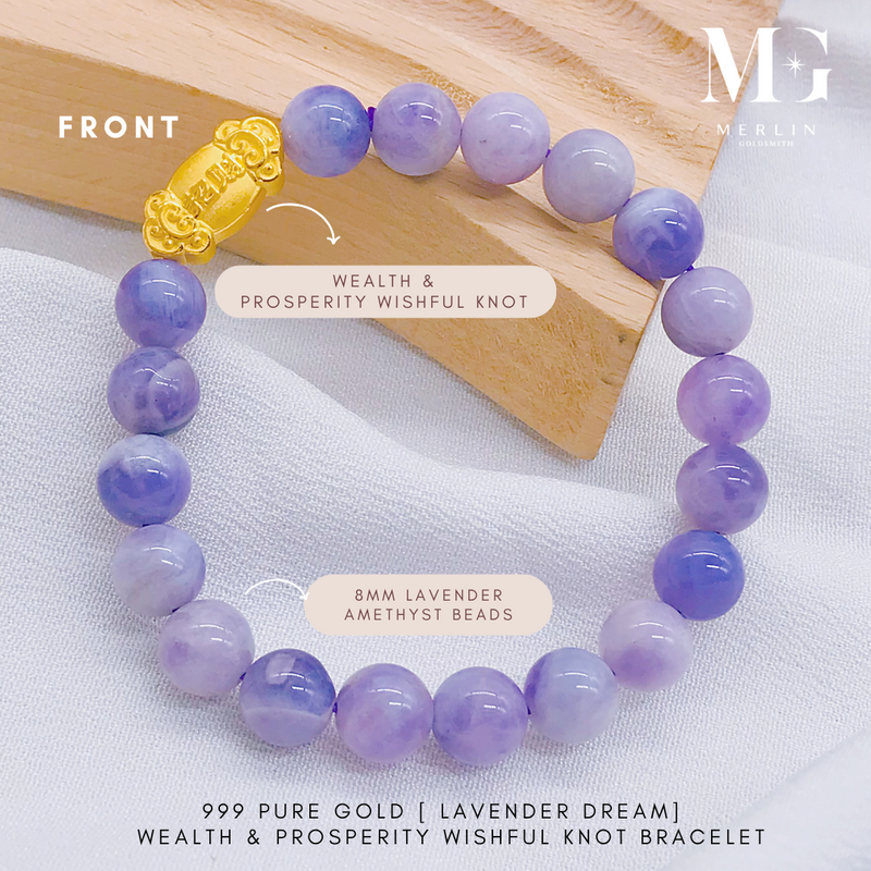 (Lavender Dream) Amethyst Beads Bracelet With 999 Pure Gold Wealth & Prosperity Wishful Knot Charm