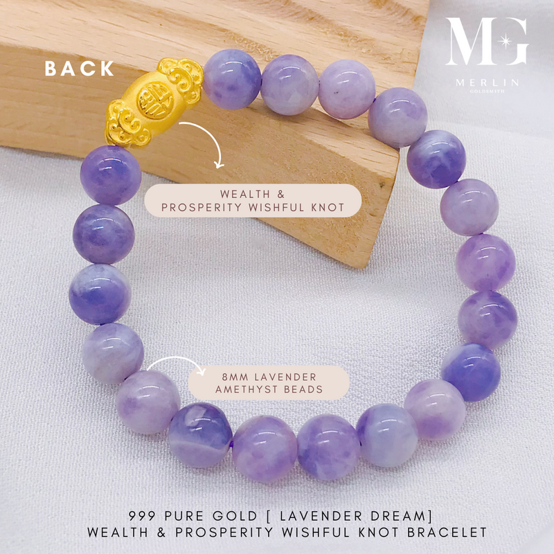 (Lavender Dream) Amethyst Beads Bracelet With 999 Pure Gold Wealth & Prosperity Wishful Knot Charm