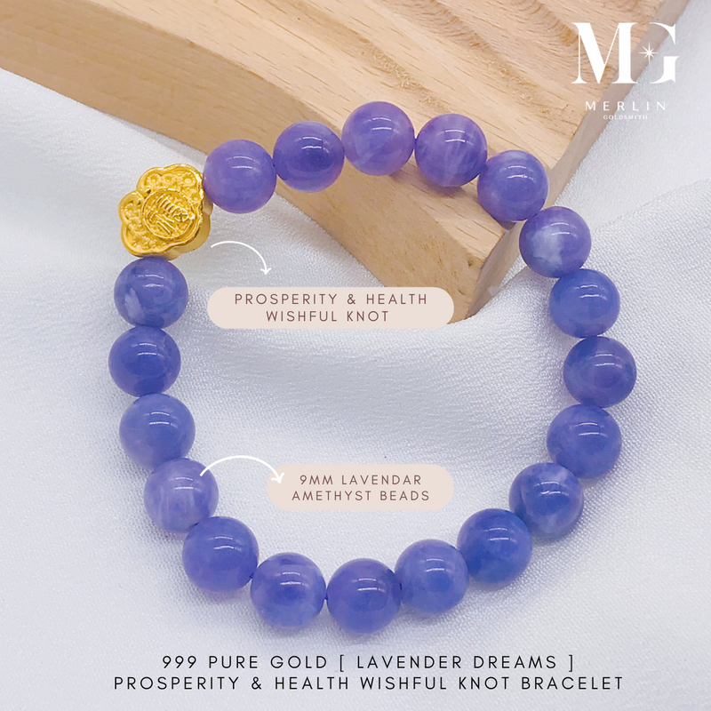(Lavender Dream) Amethyst Beads Bracelet With 999 Pure Gold Prosperity & Health Wishful Knot Charm