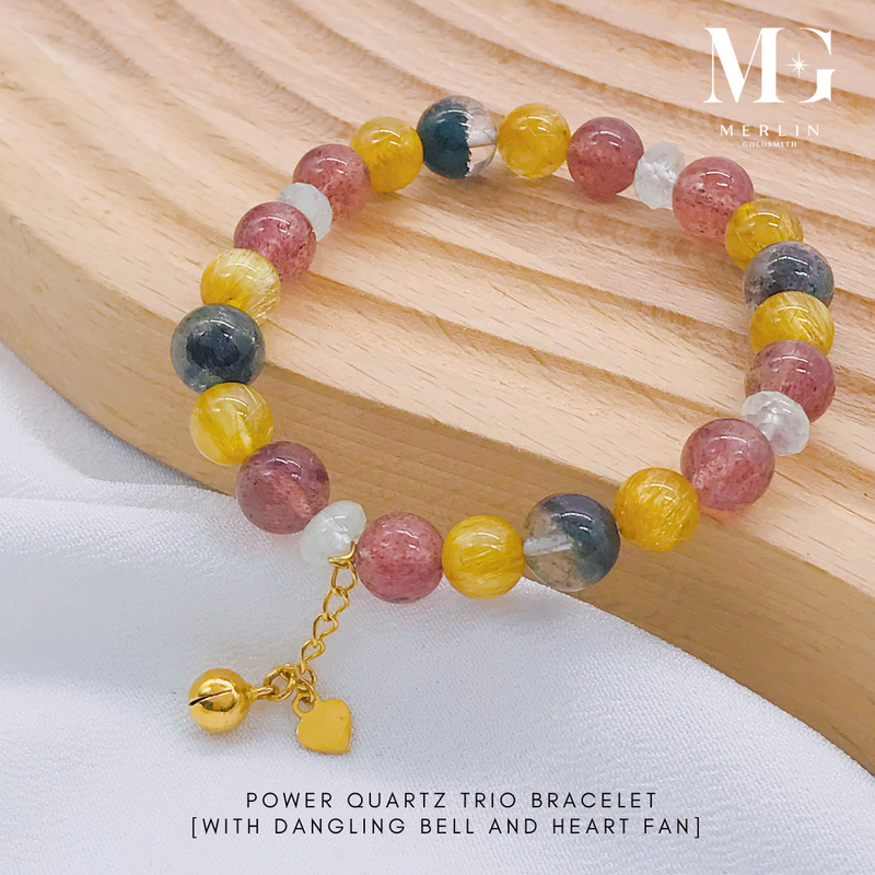 Power Quartz Trio Beads Bracelet With 916 Gold Dangling Bell and Heart Fan