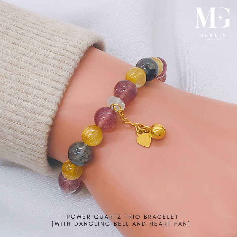 Power Quartz Trio Beads Bracelet With 916 Gold Dangling Bell and Heart Fan