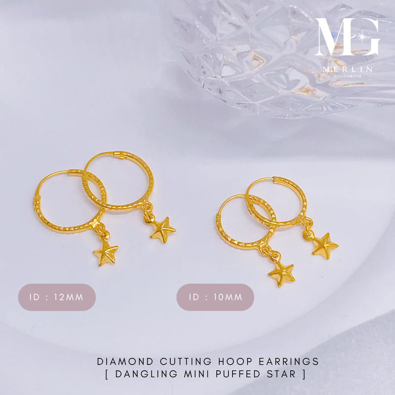 916 Gold Diamond Cutting Hoop Earrings with Dangling Mini Puffed Star