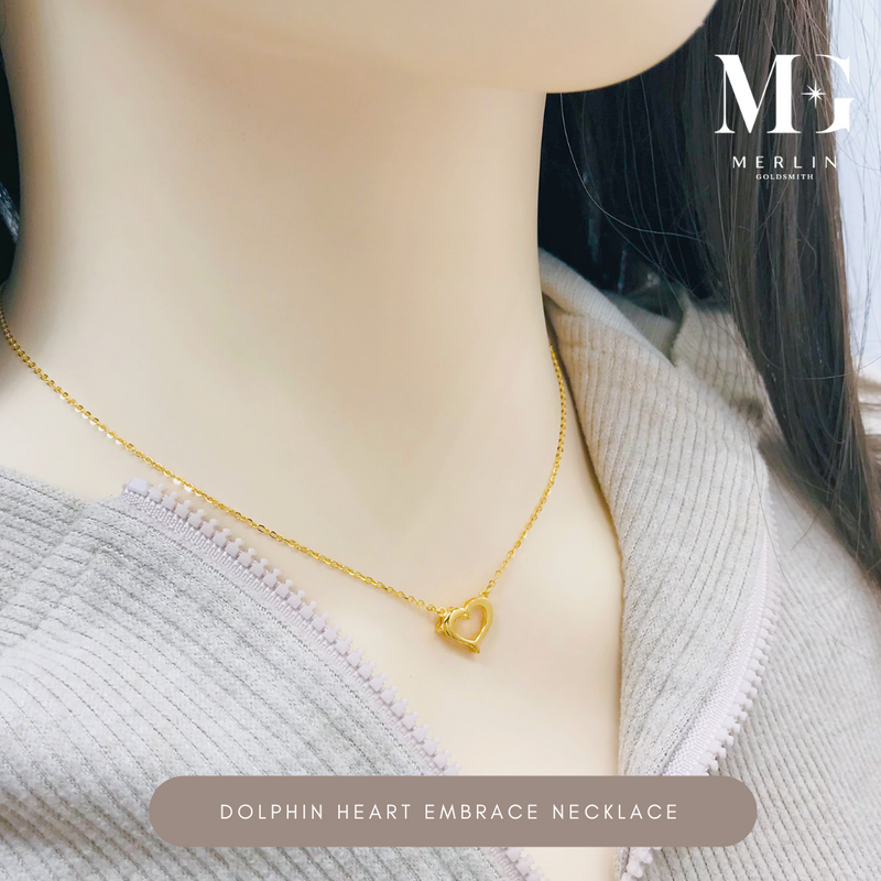 916 Gold Dolphin Heart Embrace Necklace