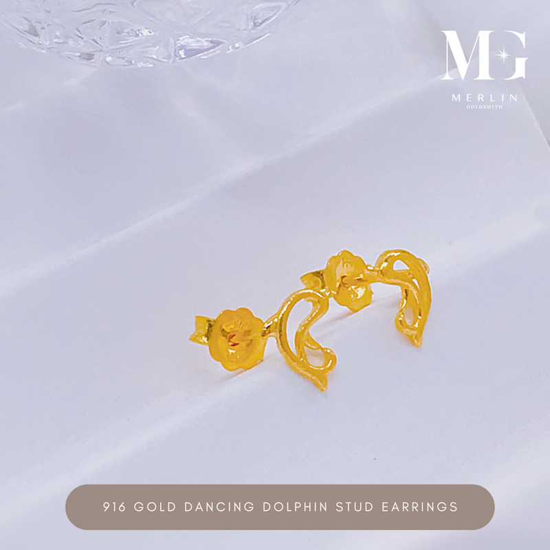 916 Gold Dancing Dolphin Stud Earrings