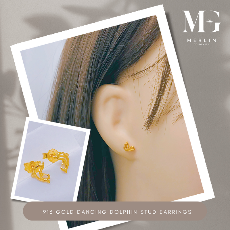 916 Gold Dancing Dolphin Stud Earrings