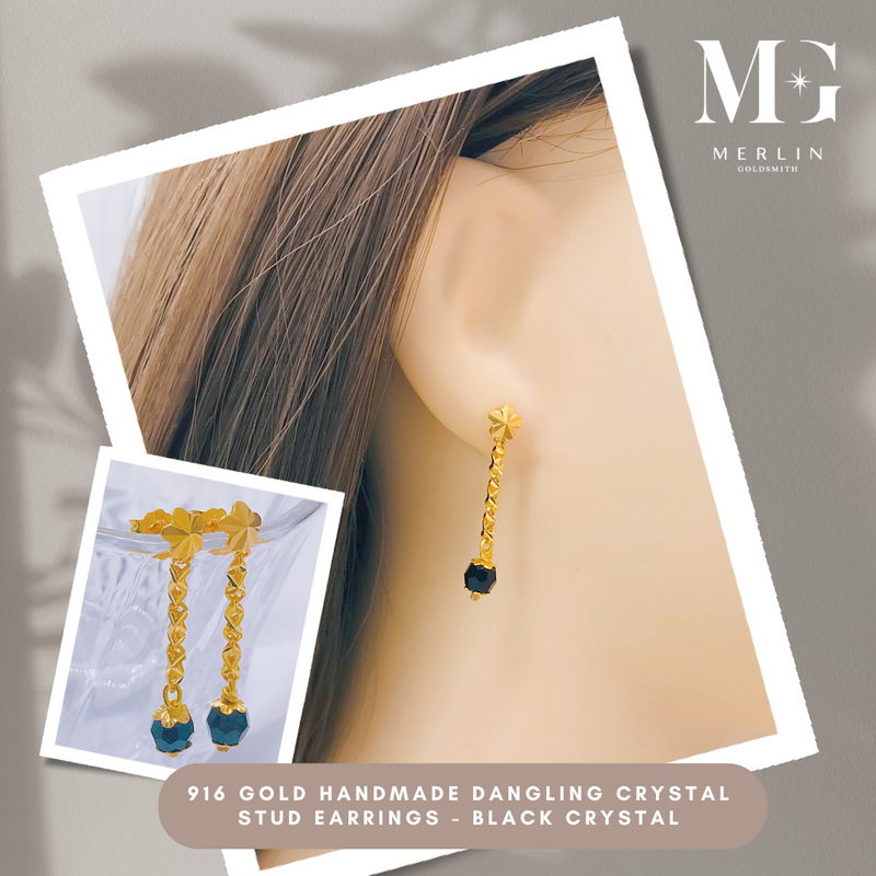 916 Gold Handmade Dangling Crystal Stud Earrings – Black Crystal