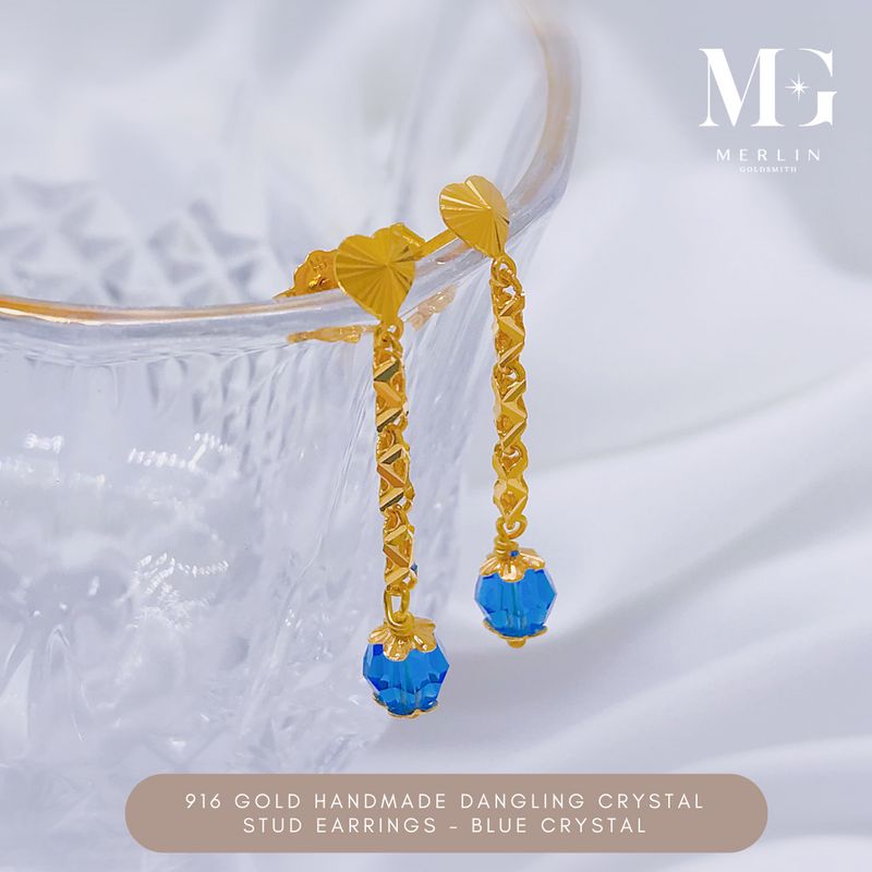 916 Gold Handmade Dangling Crystal Stud Earrings – Blue Crystal