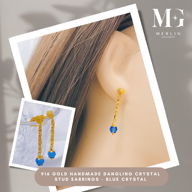 916 Gold Handmade Dangling Crystal Stud Earrings – Blue Crystal