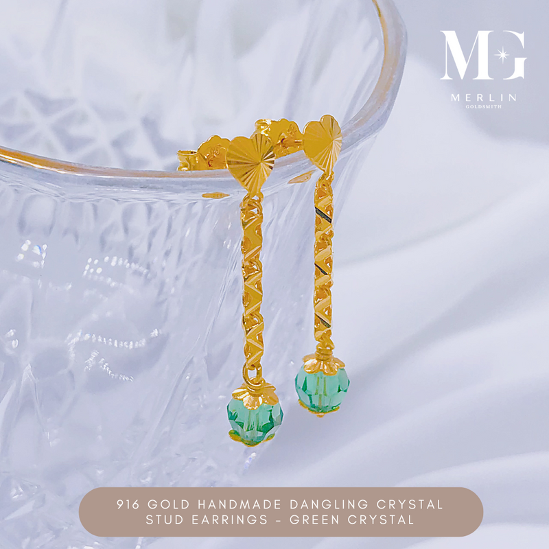 916 Gold Handmade Dangling Crystal Stud Earrings – Green Crystal