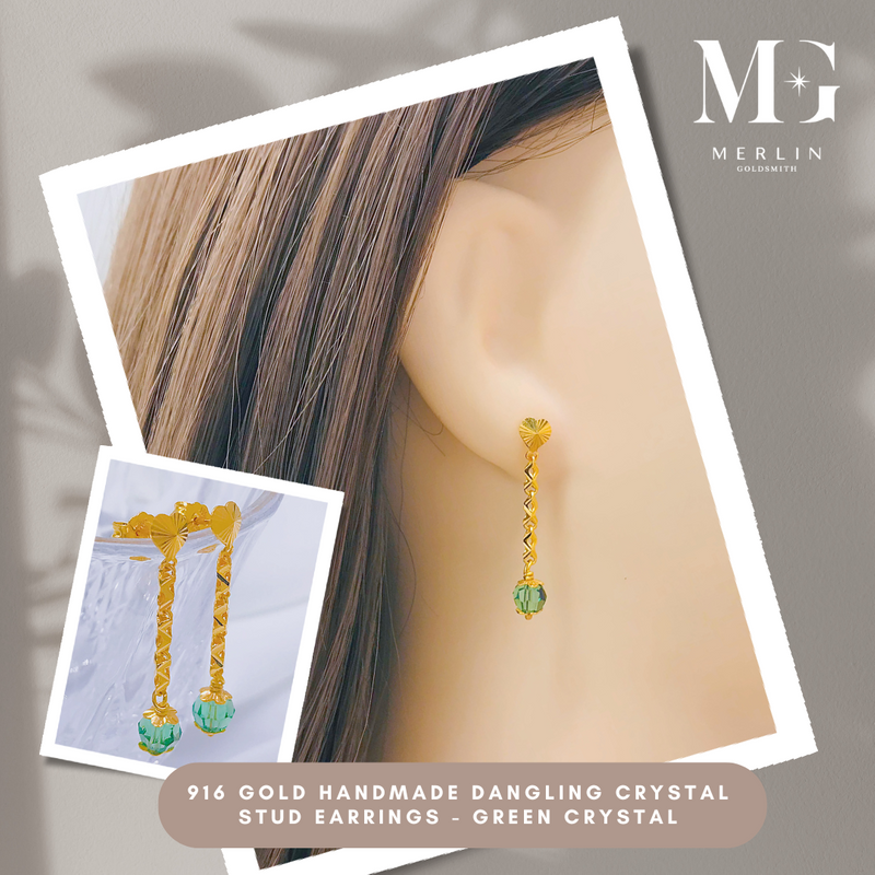 916 Gold Handmade Dangling Crystal Stud Earrings – Green Crystal