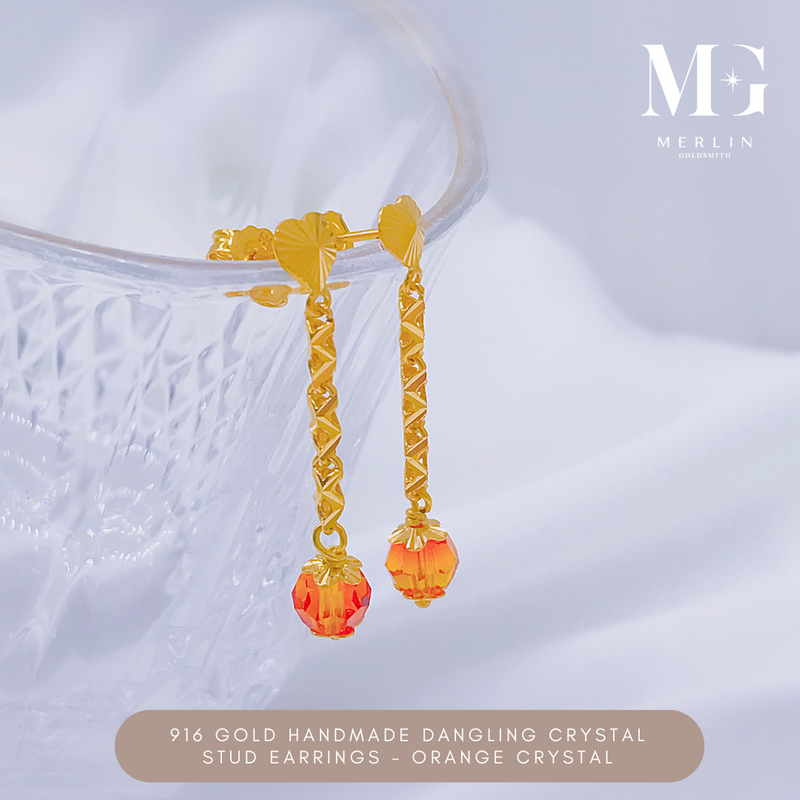 916 Gold Handmade Dangling Crystal Stud Earrings – Orange Crystal