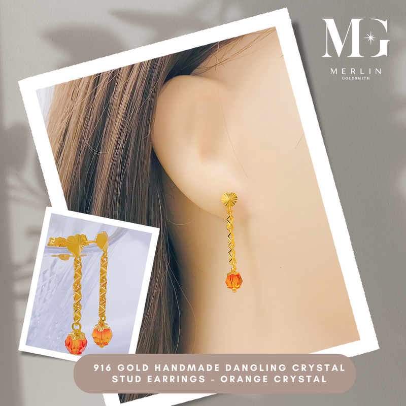 916 Gold Handmade Dangling Crystal Stud Earrings – Orange Crystal