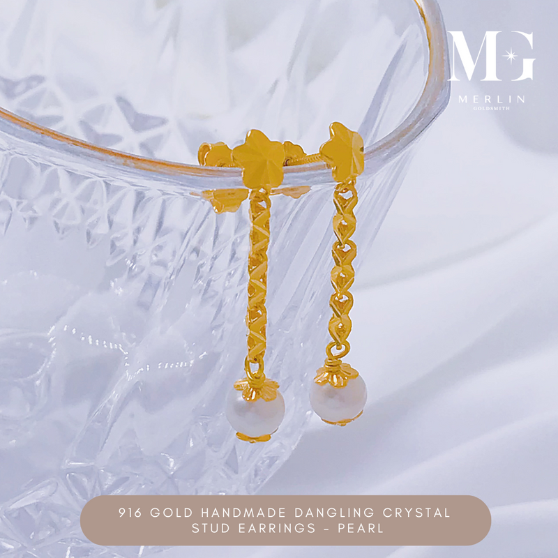 916 Gold Handmade Dangling Crystal Stud Earrings – Pearl